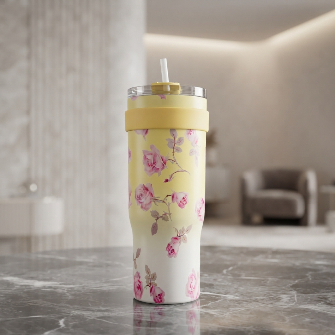 Pink Rose Floral Print Travel Tumbler