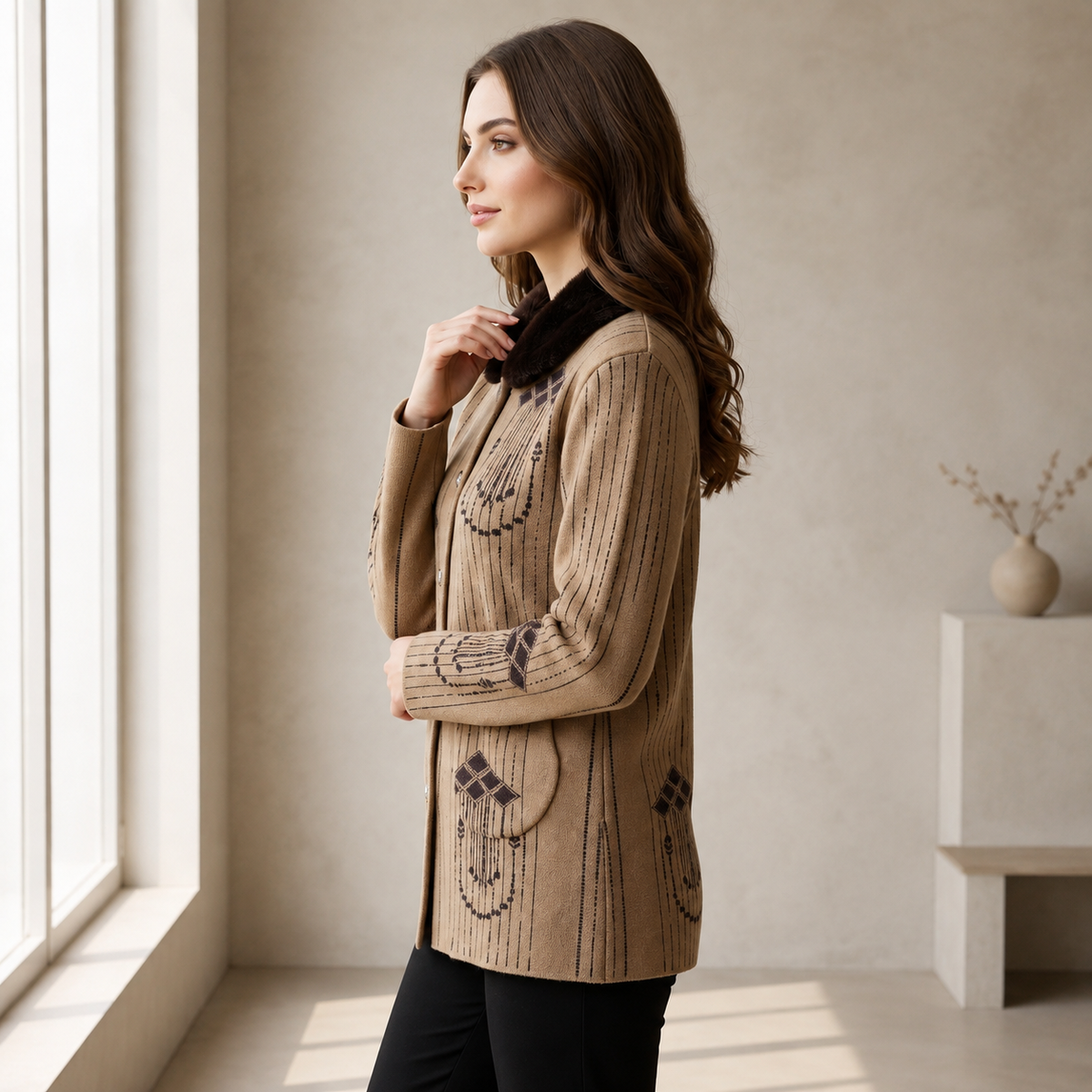 Brown Knit Jersey with Faux Fur Collar