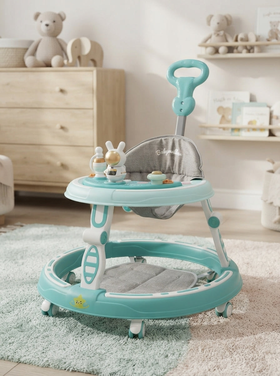 Teal Push Handle Baby Walker with Astronaut Toy