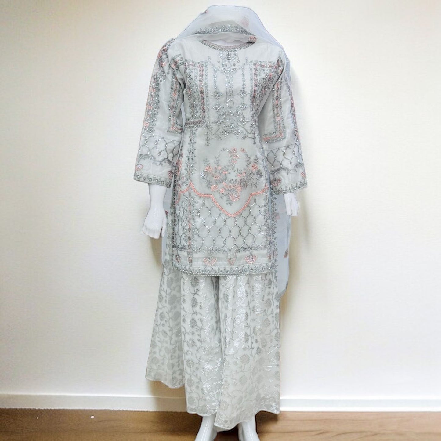 White Short Kameez with Embdroidery And Sharara