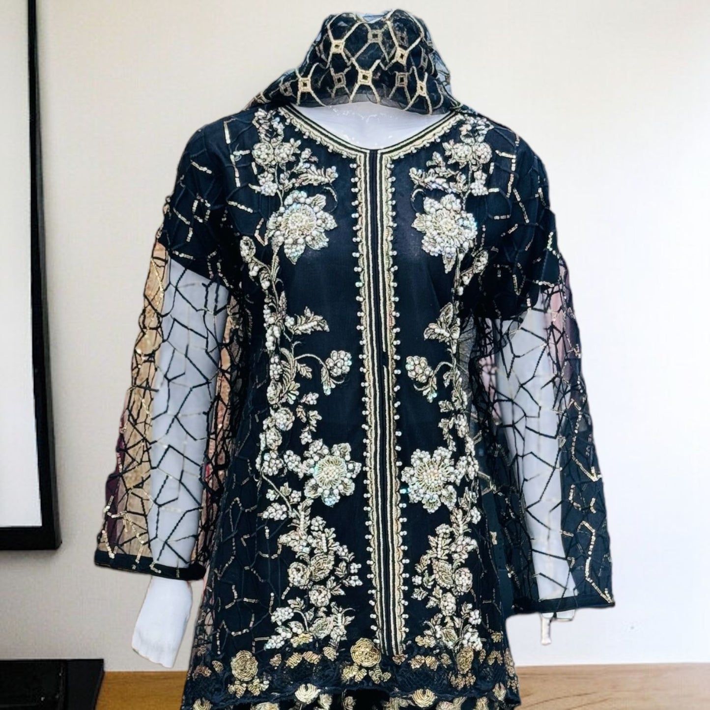 Ladies Black Short Kameez And Sharara With EMBROIDERY