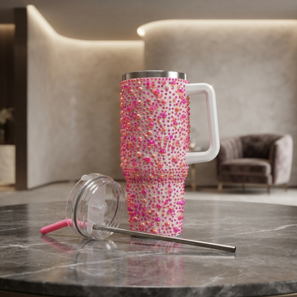 Elegant  Pearl Beaded Tumbler with Straw and Handle