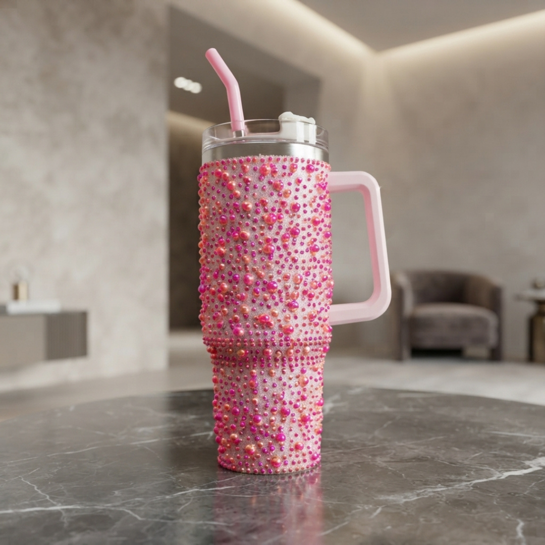 Elegant  Pearl Beaded Tumbler with Straw and Handle