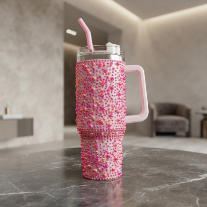 Elegant  Pearl Beaded Tumbler with Straw and Handle