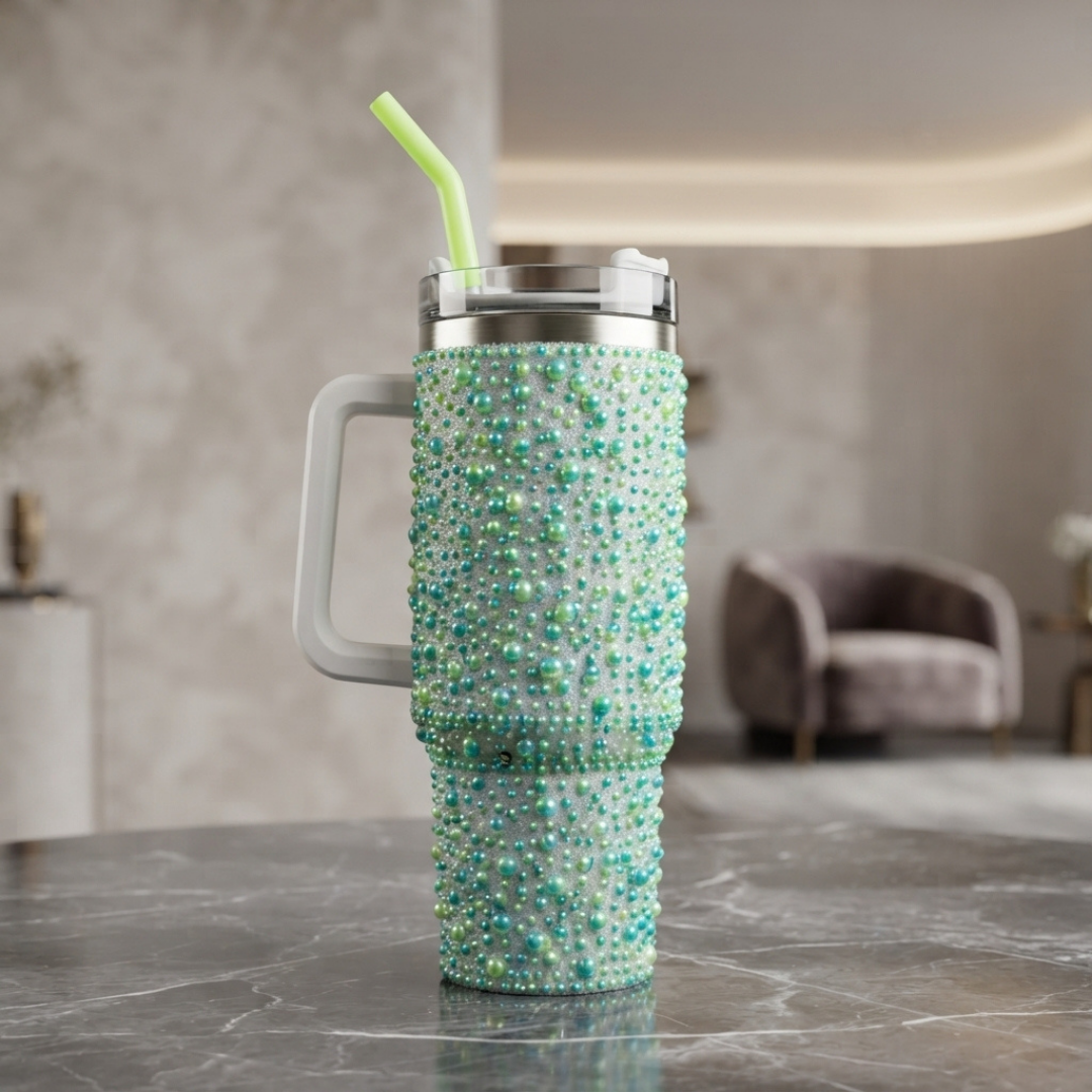 Green Beaded Bling Travel Tumbler