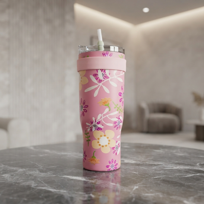 Pink Floral Stainless Steel Tumbler with Straw