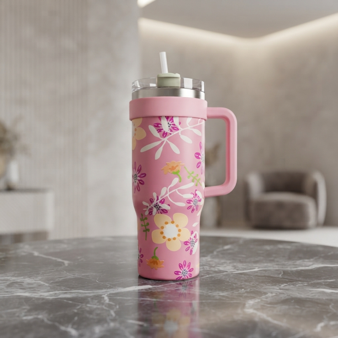 Pink Floral Stainless Steel Tumbler with Straw