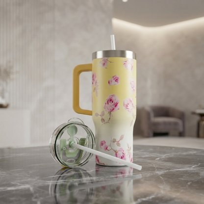 Pink Rose Floral Print Travel Tumbler