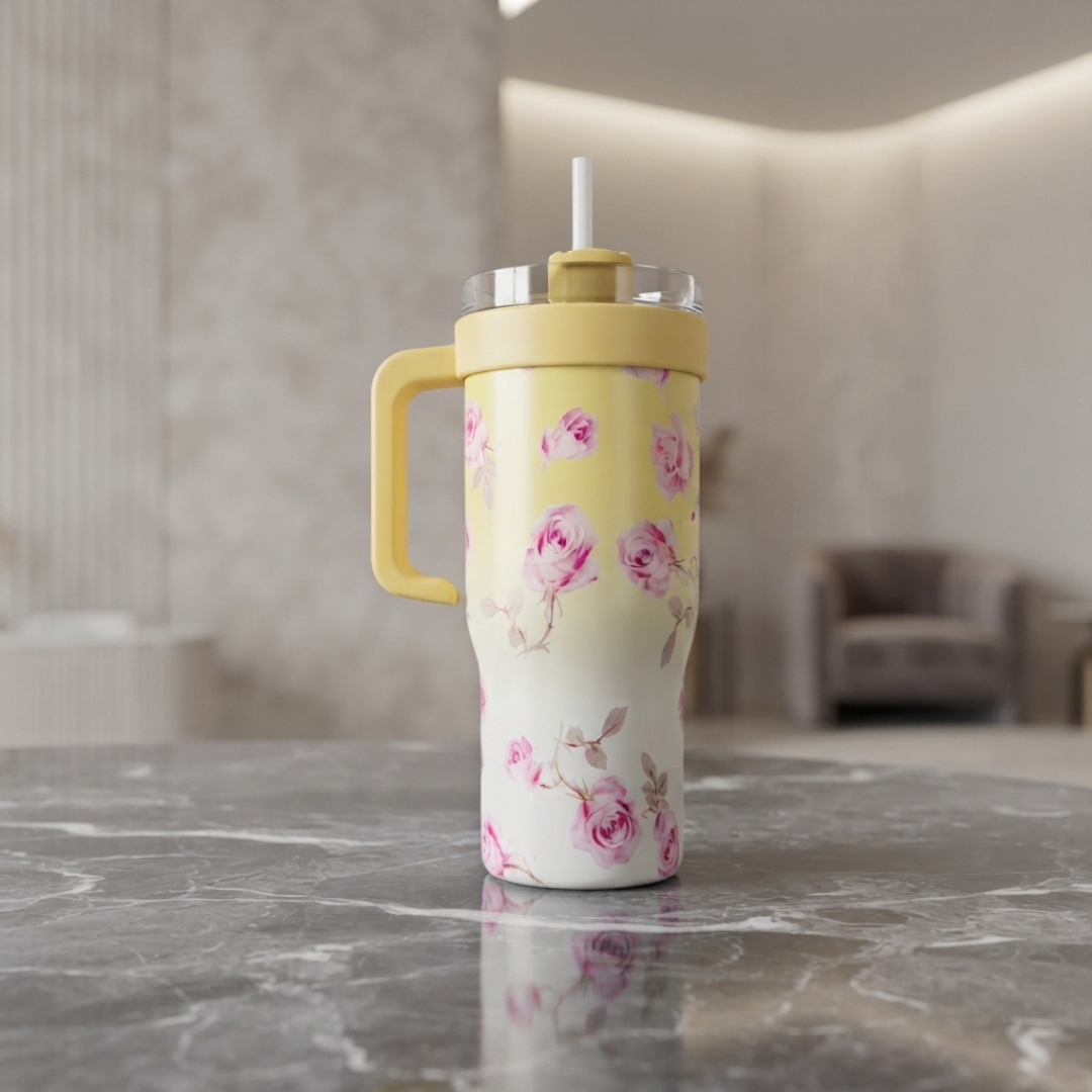 Pink Rose Floral Print Travel Tumbler