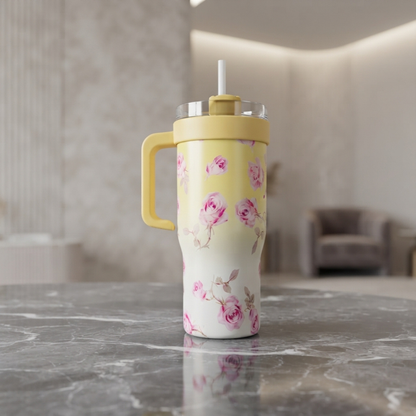 Pink Rose Floral Print Travel Tumbler