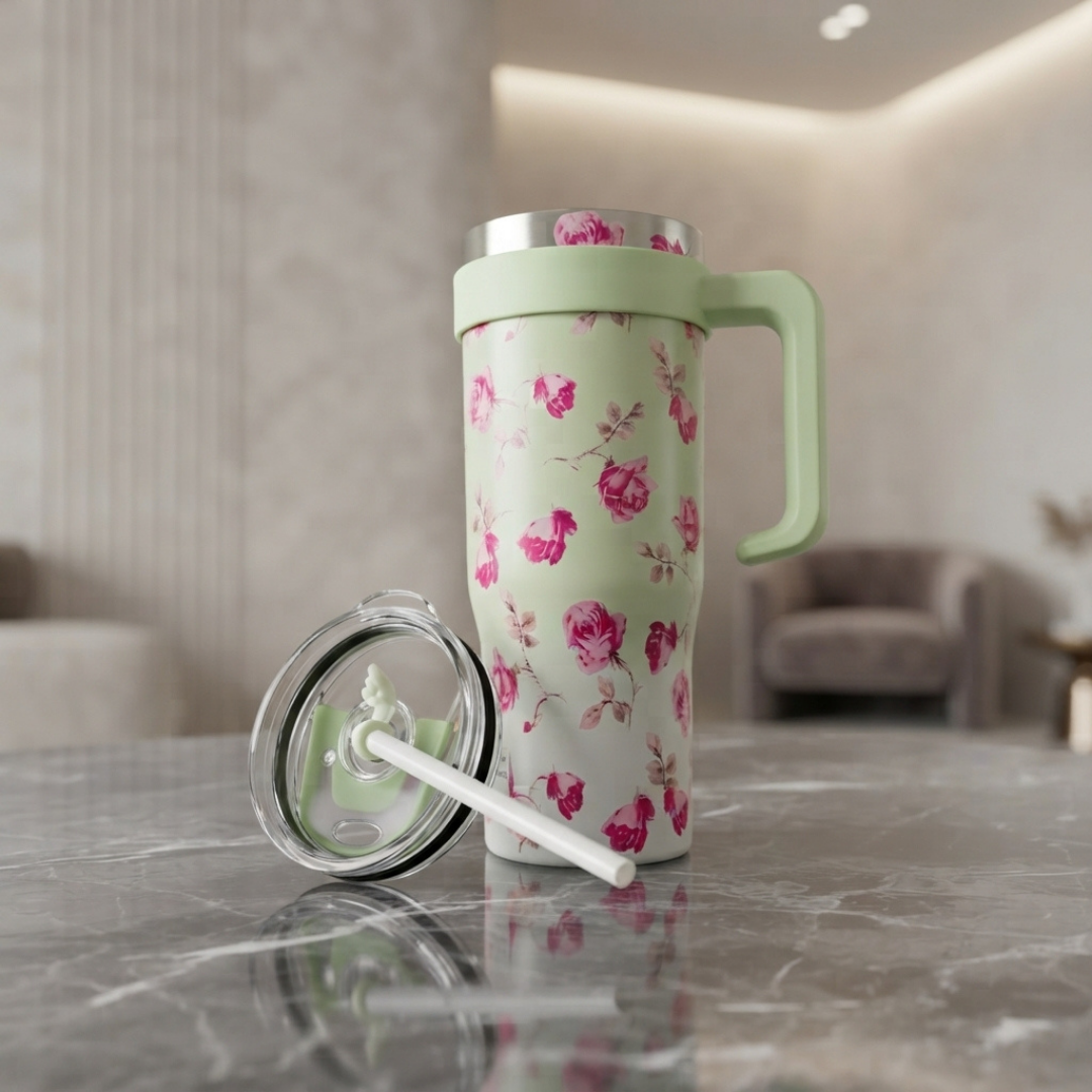 Sage Green Rose Floral Travel Tumbler