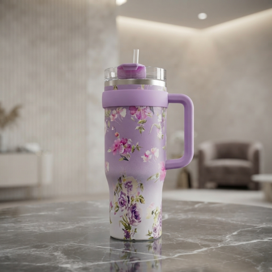 Purple Floral Print Travel Tumbler