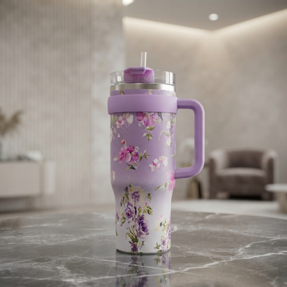 Purple Floral Print Travel Tumbler