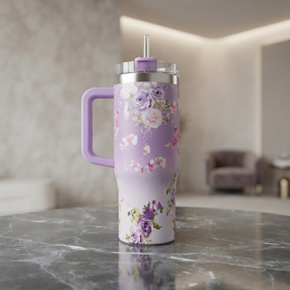 Purple Floral Print Travel Tumbler