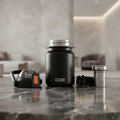 Cille Black Insulated Thermal Flask with Accessories