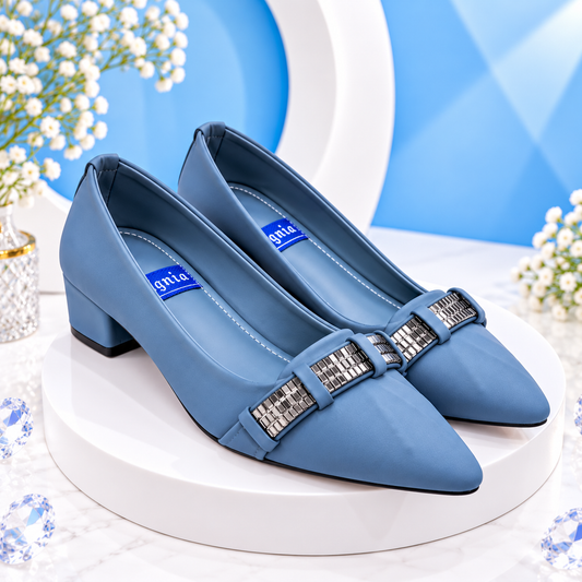Blue Rhinestone Strap Pumps on Pedestal