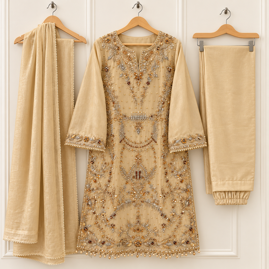 Champagne Gold Embroidered Outfit Set