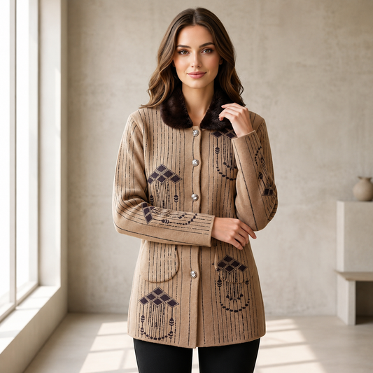 Brown Knit Jersey with Faux Fur Collar
