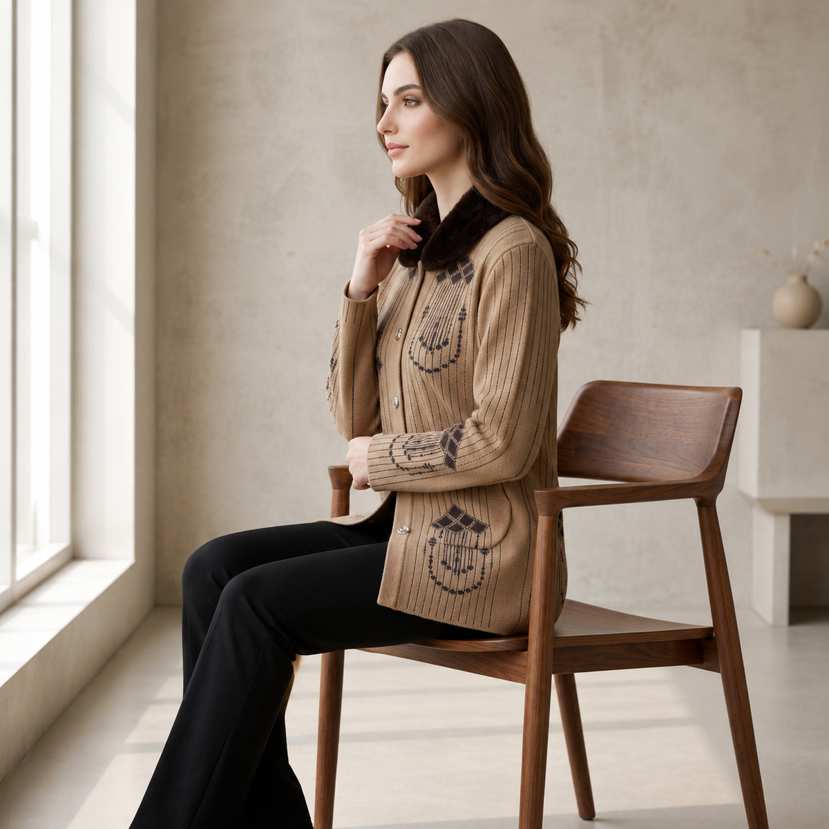 Brown Knit Jersey with Faux Fur Collar