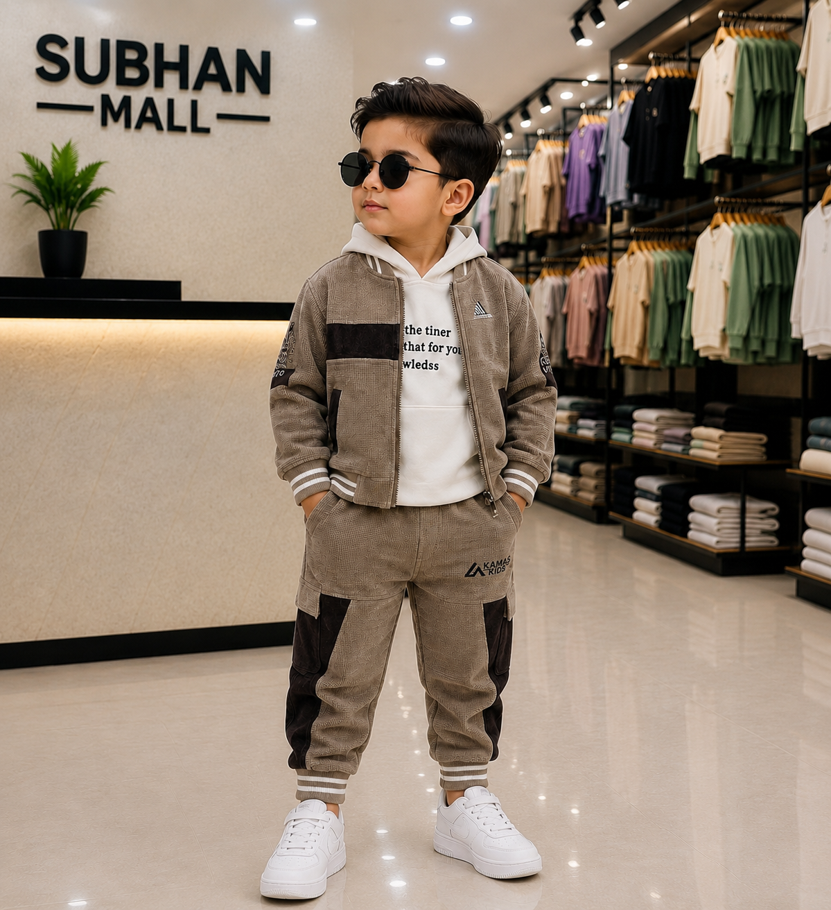 Boys Premium 3-Piece Tracksuit Set – Beige &amp; White