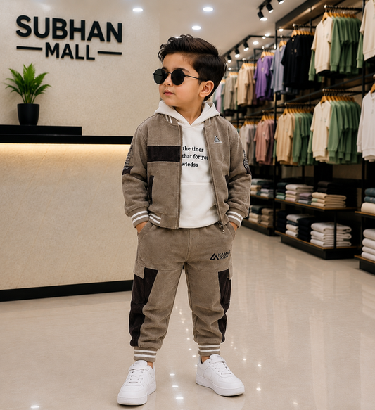 Boys Premium 3-Piece Tracksuit Set – Beige &amp; White
