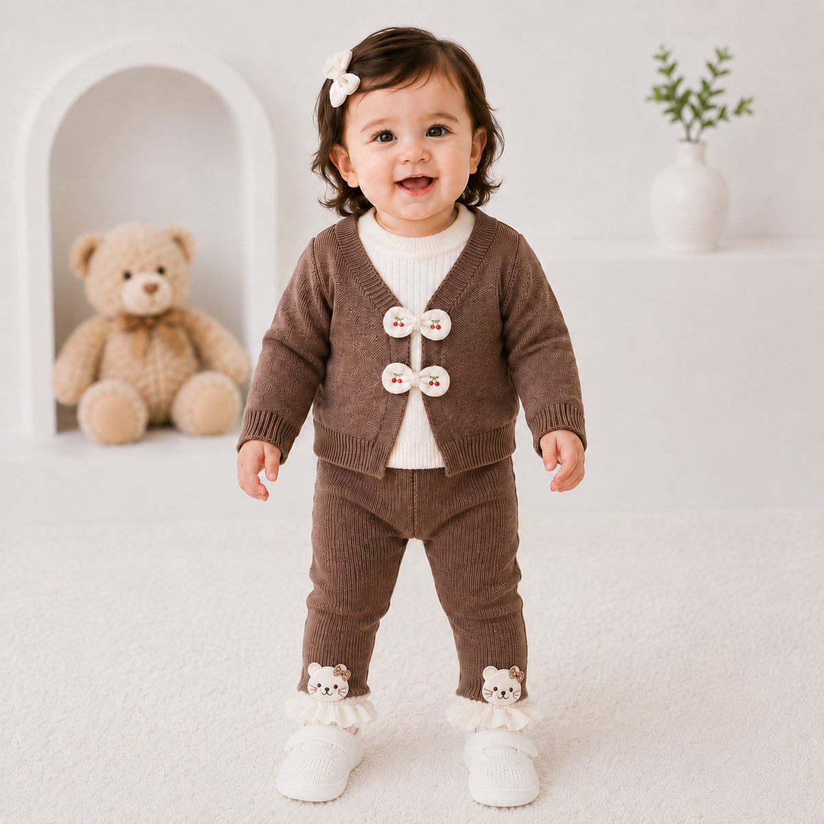 Baby Girls Brown Knit 3-Piece Winter Set