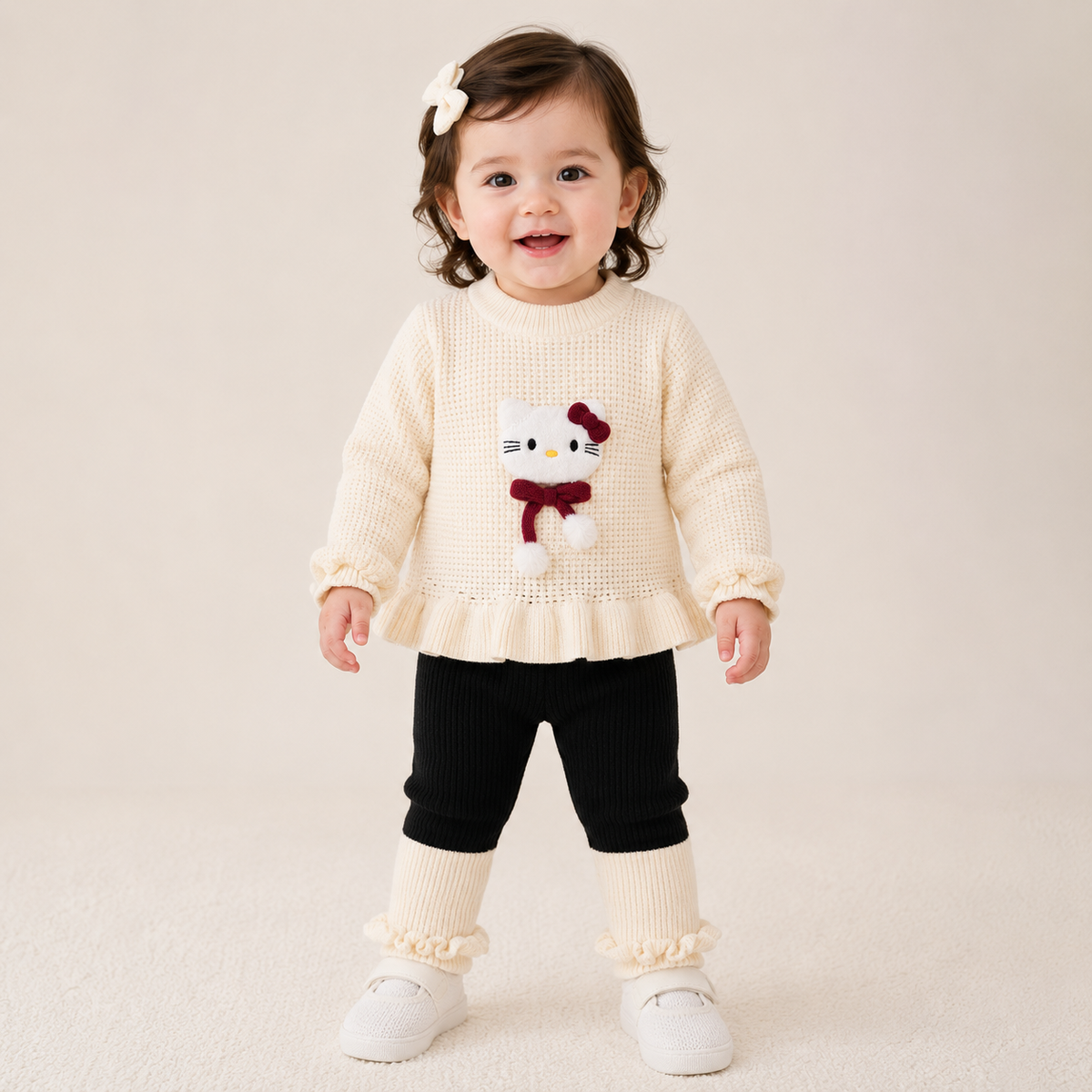 Baby Girls Cream & Black Knitted Winter Set