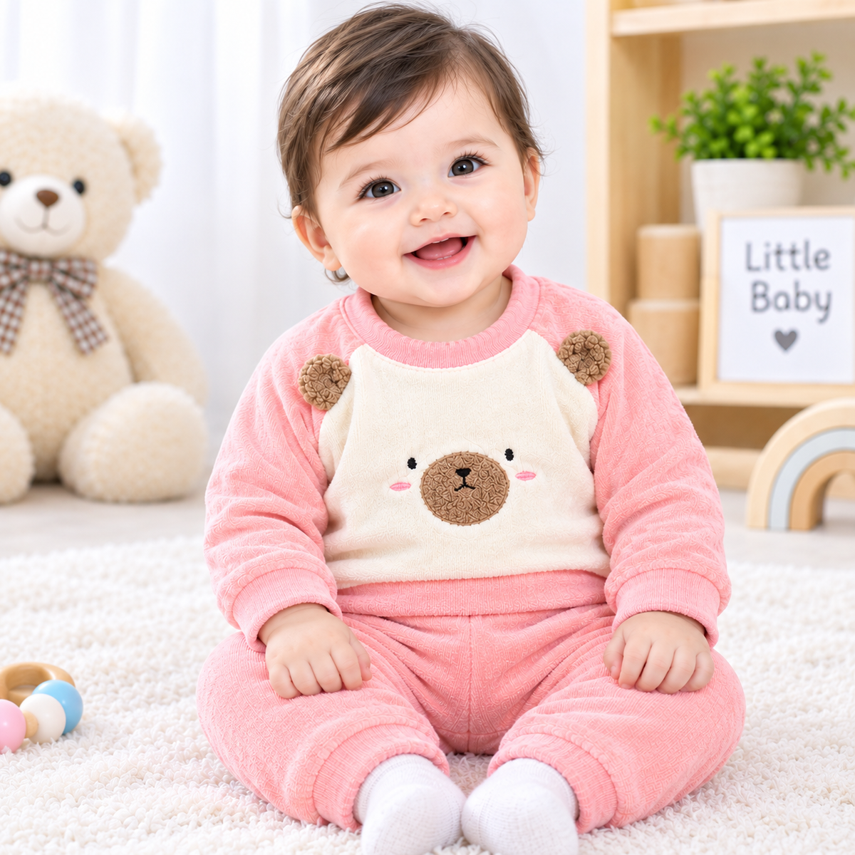 Baby Girls Pink & Cream Teddy Bear Knitted Winter Set