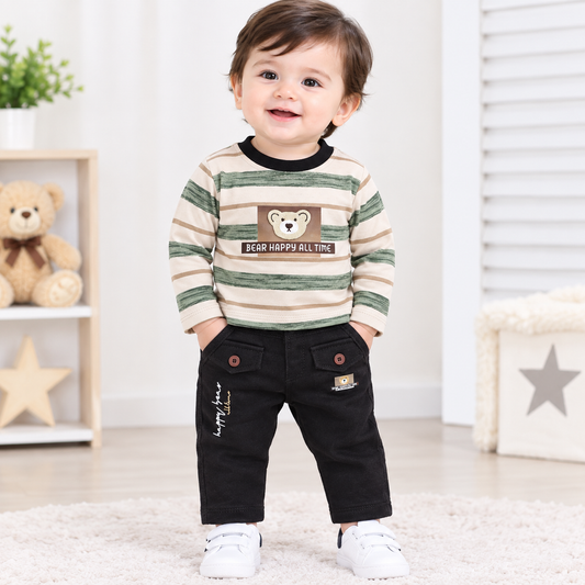 Baby Boys Green & Black Bear Printed Winter Set