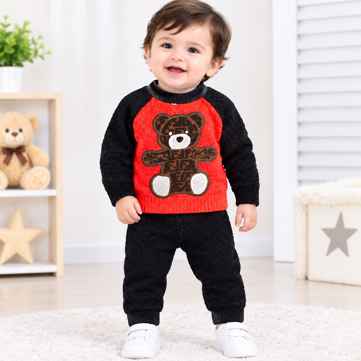 Baby Boys Red & Black Teddy Bear Knitted Winter Set