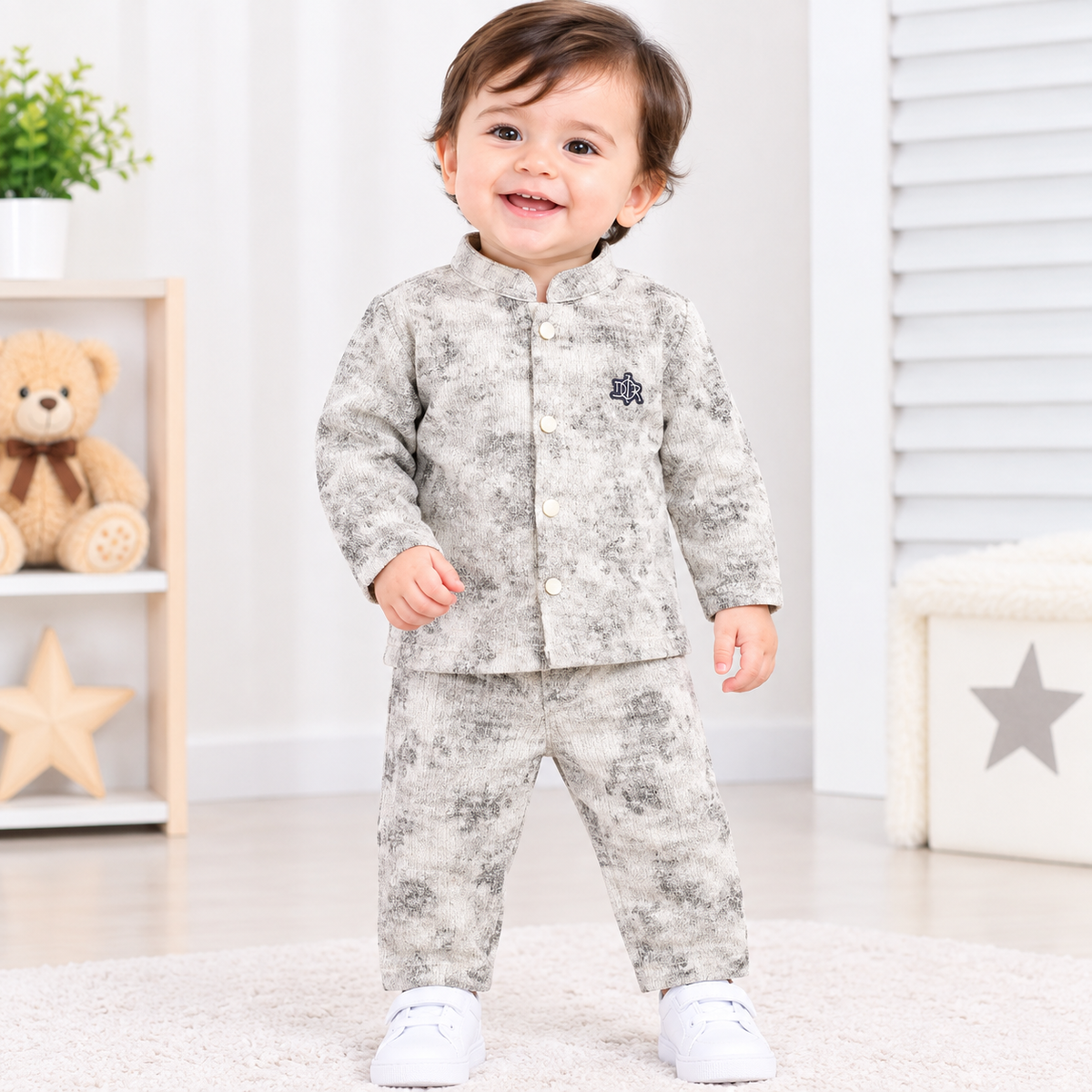 Baby Boy Grey Printed Kurta Style Winter Suit Set