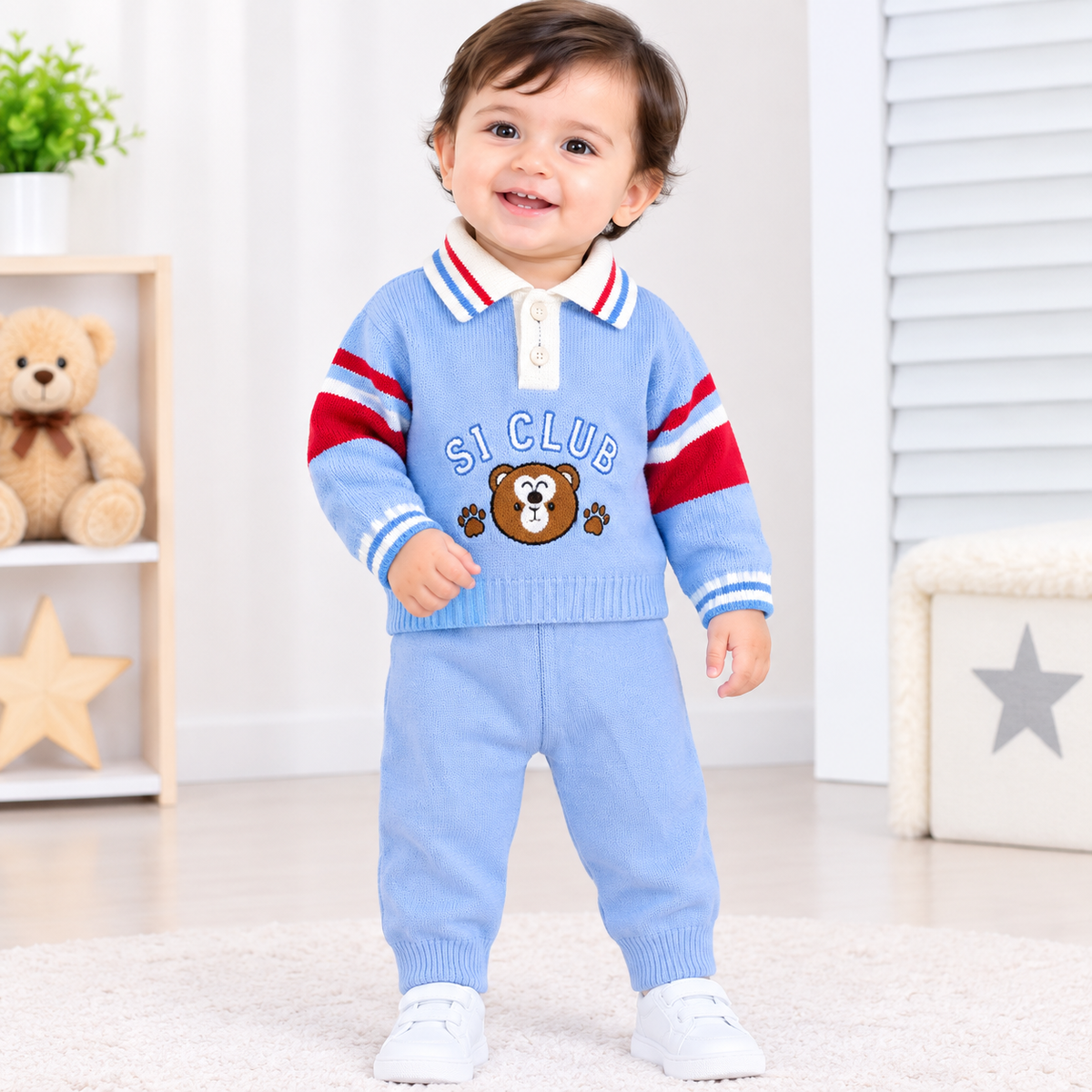 Baby Boy Light Blue Bear Printed Knitted Winter 2-Piece Set