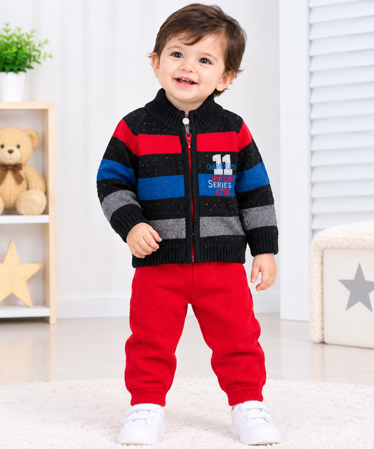 Baby Boy Black Red & Blue Striped Knitted Winter Jacket Set