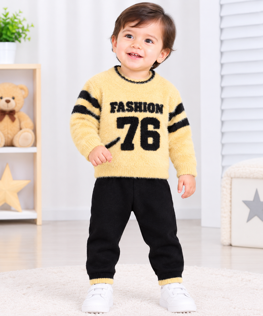 Cute Baby Boy Yellow Fashion 76 Sweater with Black Jogger Pants – Winter Kids Outfit
