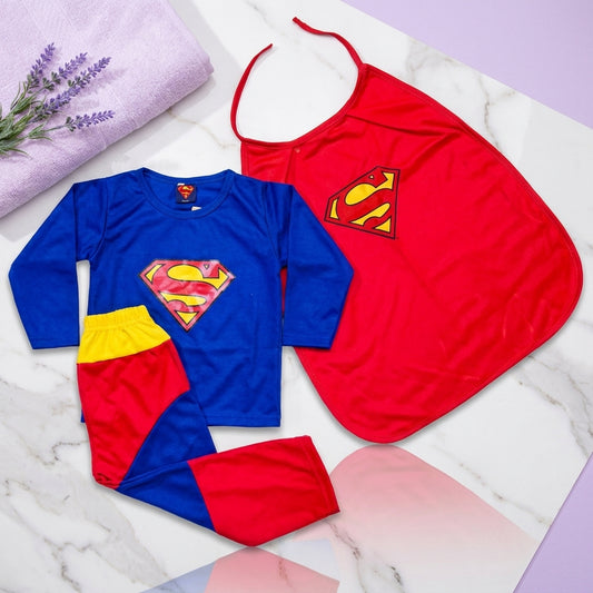Kids Superman 3-Piece Winter Night Suit Set with Cape – Blue & Red