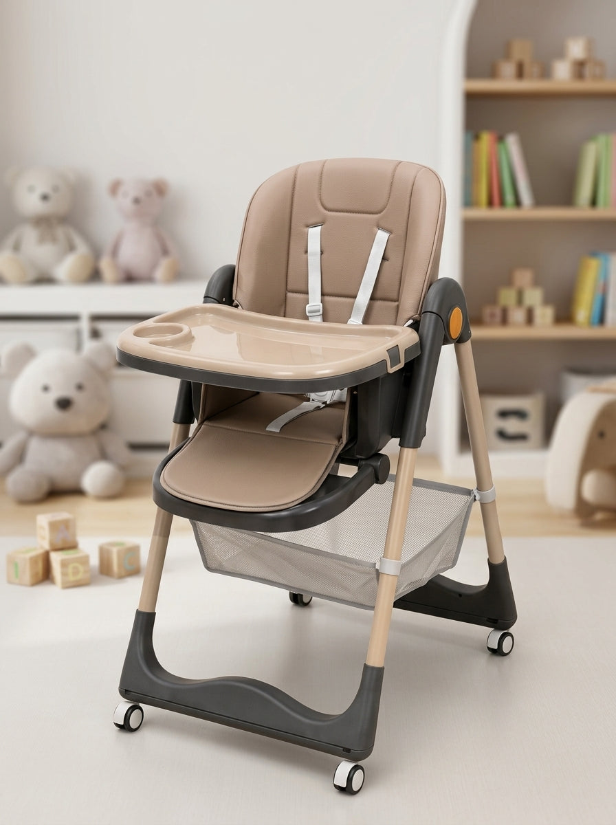 Baby High Chair with Tan Seat and Wood-Effect Legs