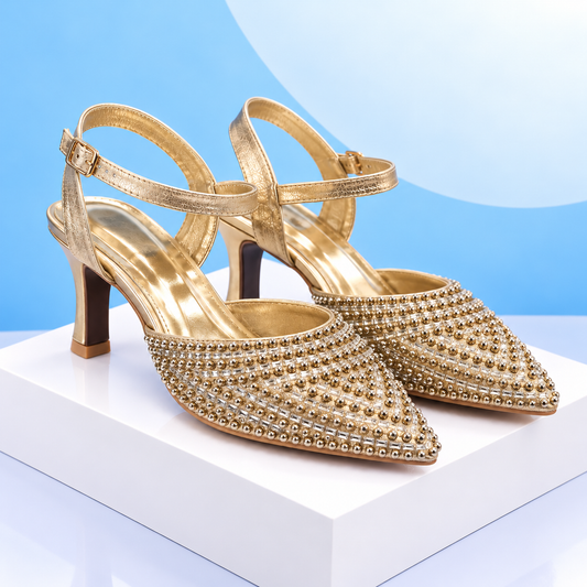 Gold Beaded Slingback Heels on Blue Platform