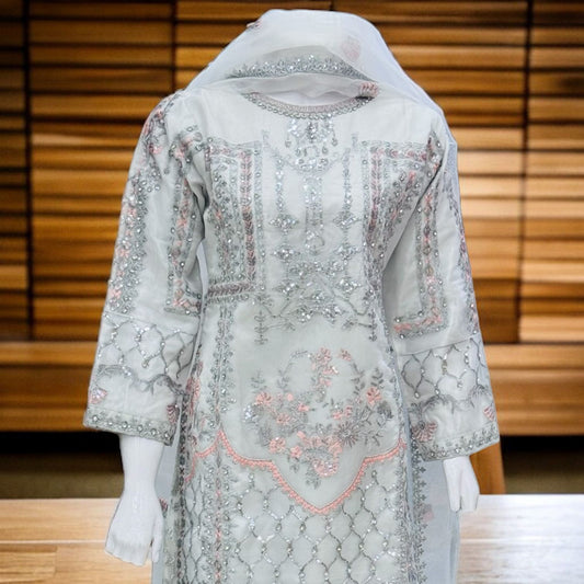 White Short Kameez with Embdroidery And Sharara