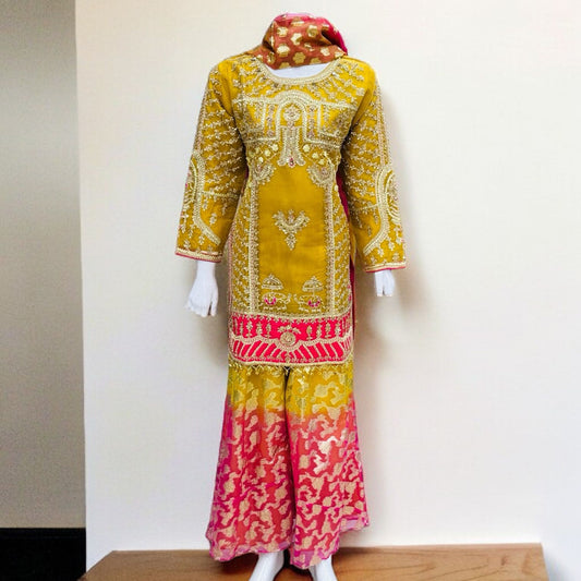 Yellow Embroidery Kameez with Sharara
