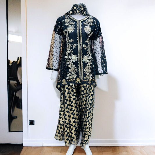 Ladies Black Short Kameez And Sharara With EMBROIDERY