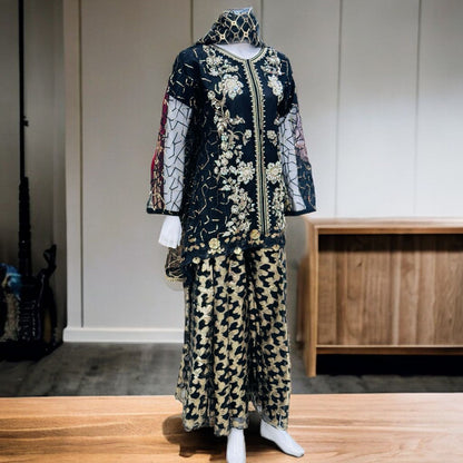 Ladies Black Short Kameez And Sharara With EMBROIDERY