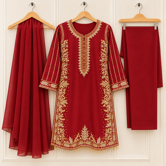 Maroon Embroidered South Asian Ensemble