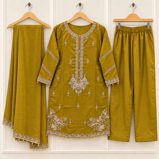 Olive-Mustard Embroidered Three-Piece Outfit