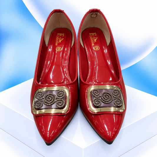 Red Patent Flats with Ornate Buckles