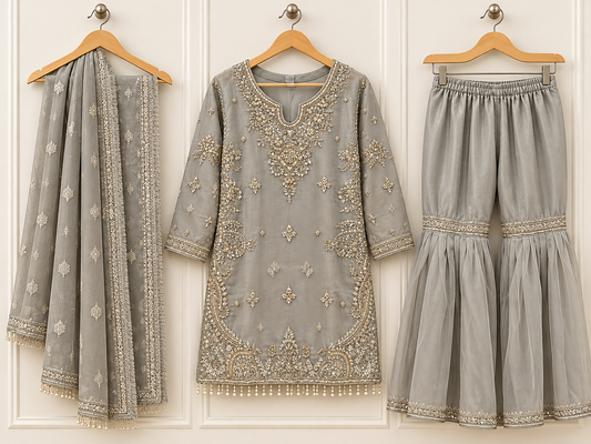 Silver-Embellished Grey Outfit Set