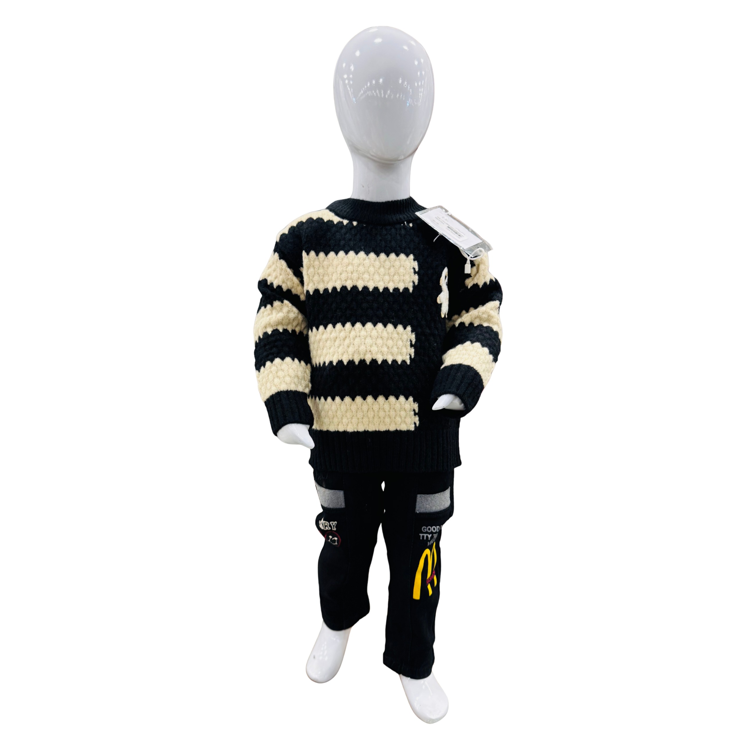 Kids Winter Knit Sweater & Pant Outfit Set – Black & Cream Striped Woolen Dress