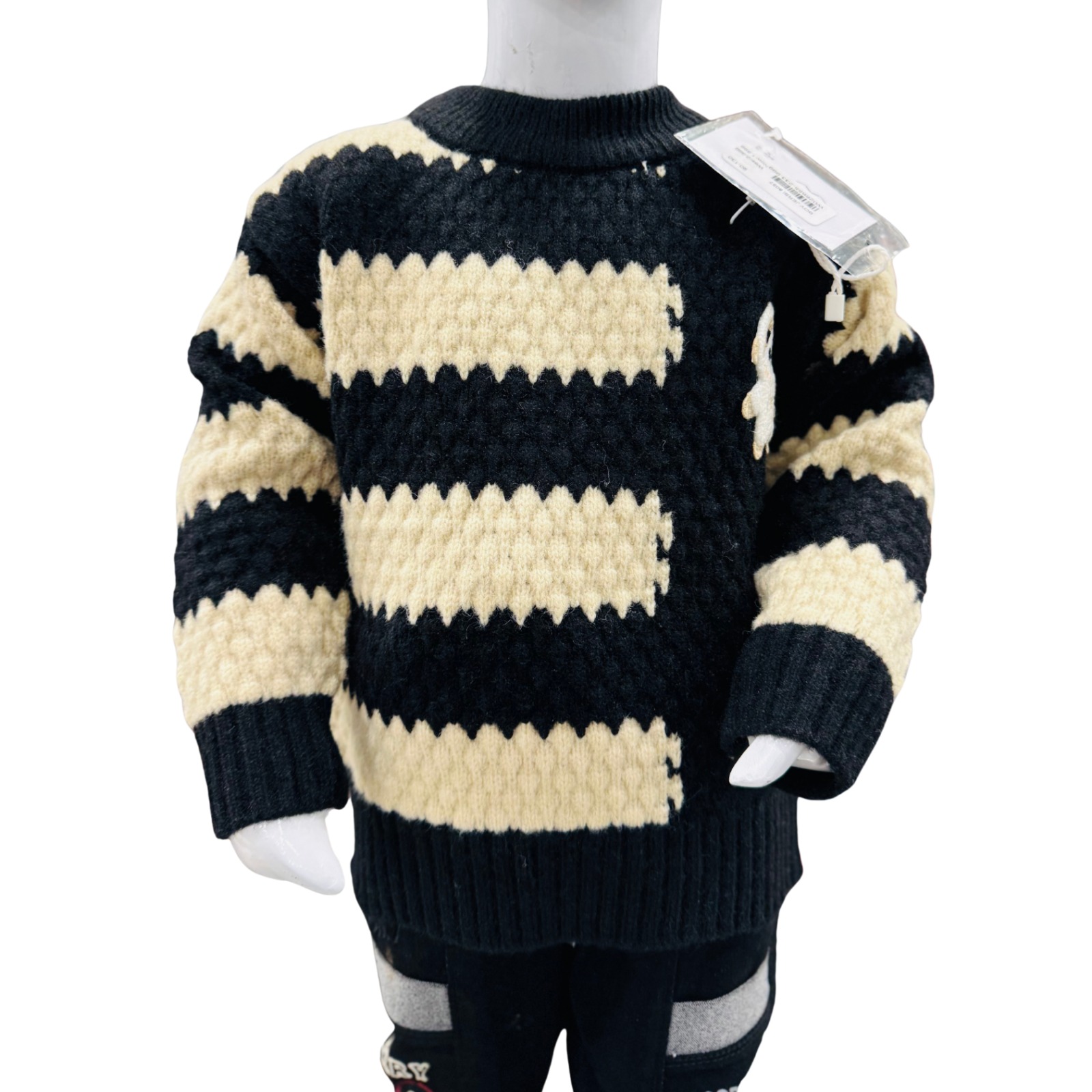 Kids Winter Knit Sweater & Pant Outfit Set – Black & Cream Striped Woolen Dress - Image 2
