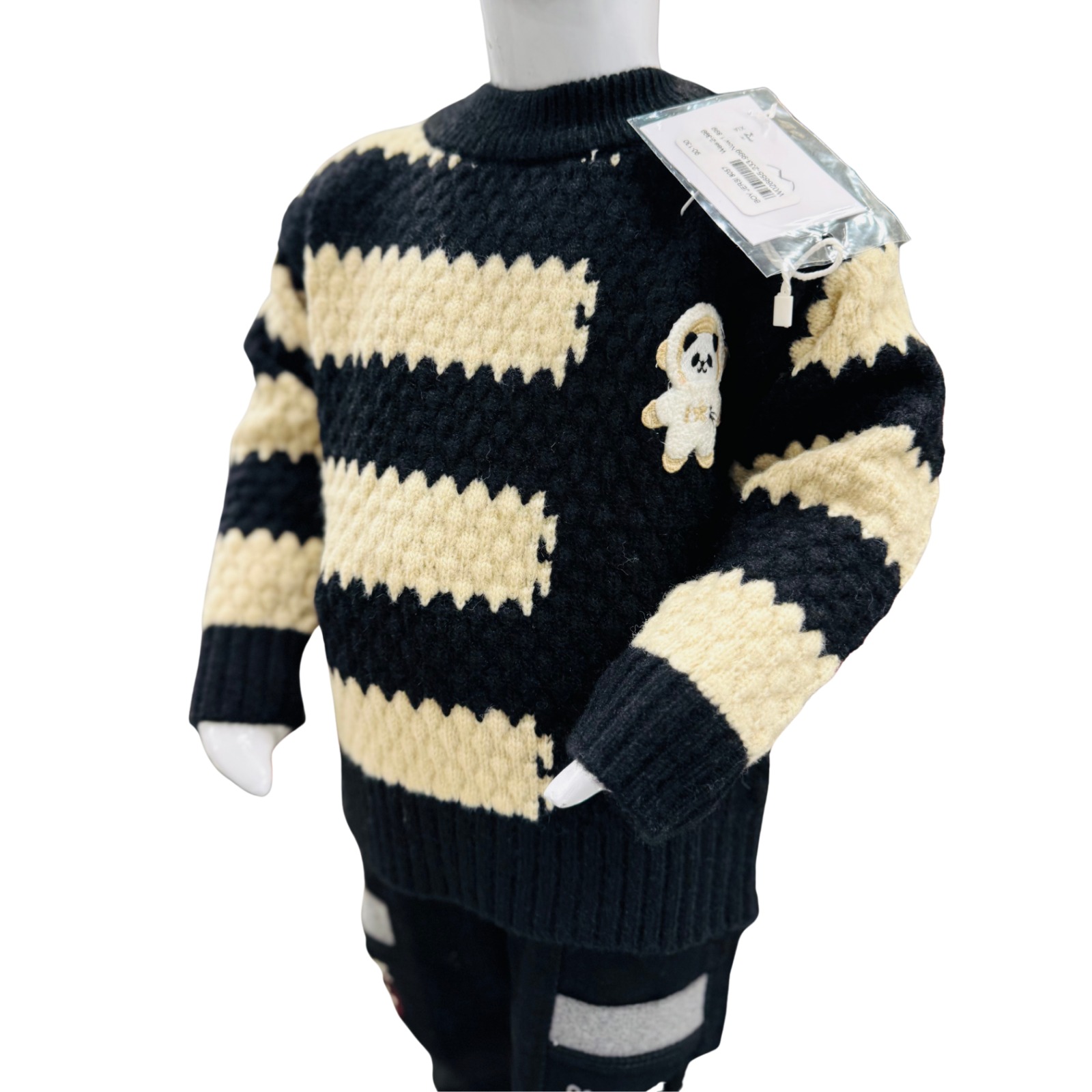 Kids Winter Knit Sweater & Pant Outfit Set – Black & Cream Striped Woolen Dress - Image 3