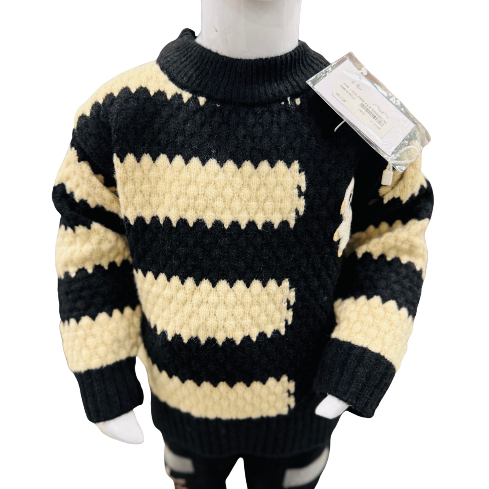 Kids Winter Knit Sweater & Pant Outfit Set – Black & Cream Striped Woolen Dress - Image 4