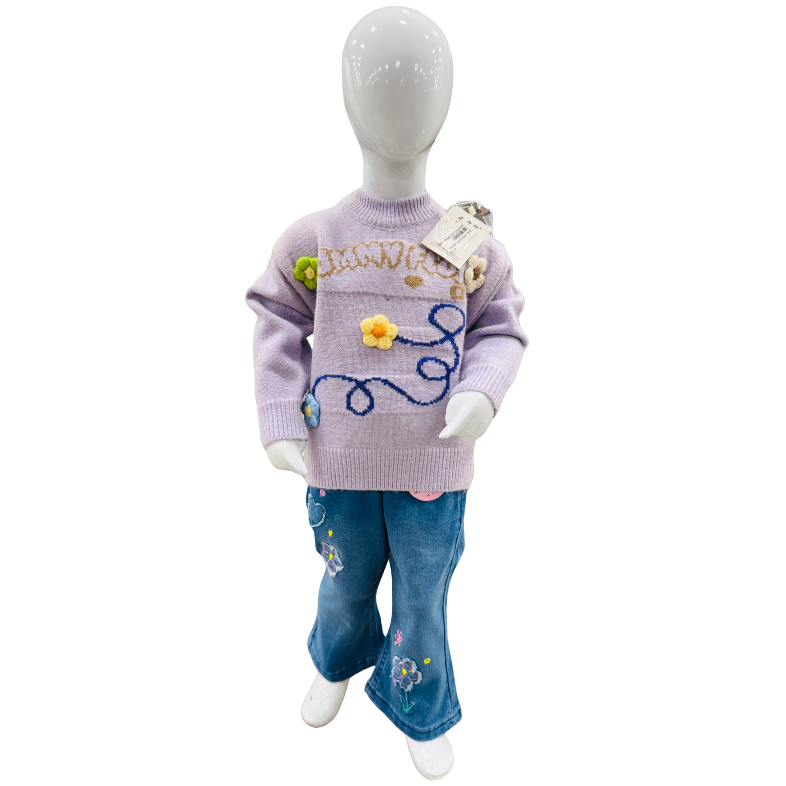 Girls Floral Knitted Sweater & Embroidered Jeans Winter Set